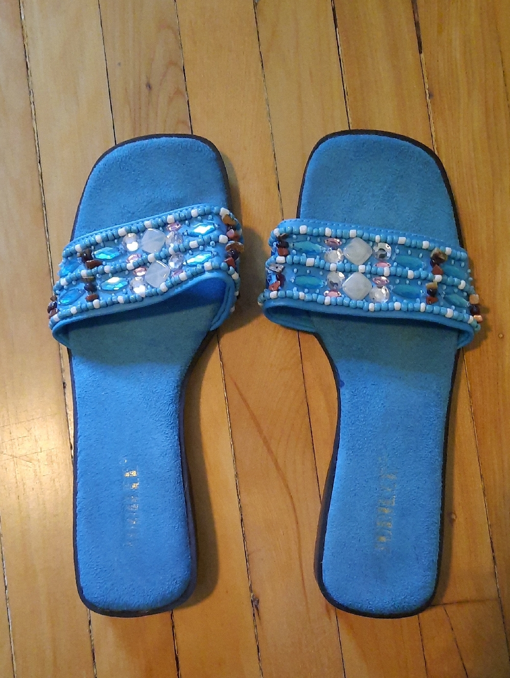 Beaded Blue Slide Sandals - Women's Casual Slip-On